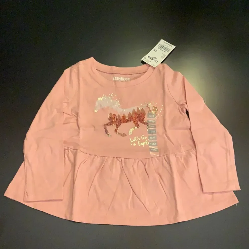 OshKosh Pink Ruffle Horse Let's Explore Long Sleeve Top Shirt 18 Months‎ New